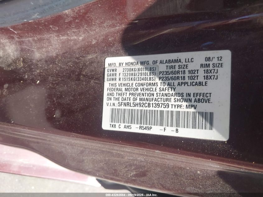 2012 Honda Odyssey Touring/Touring Elite VIN: 5FNRL5H92CB139759 Lot: 43263584