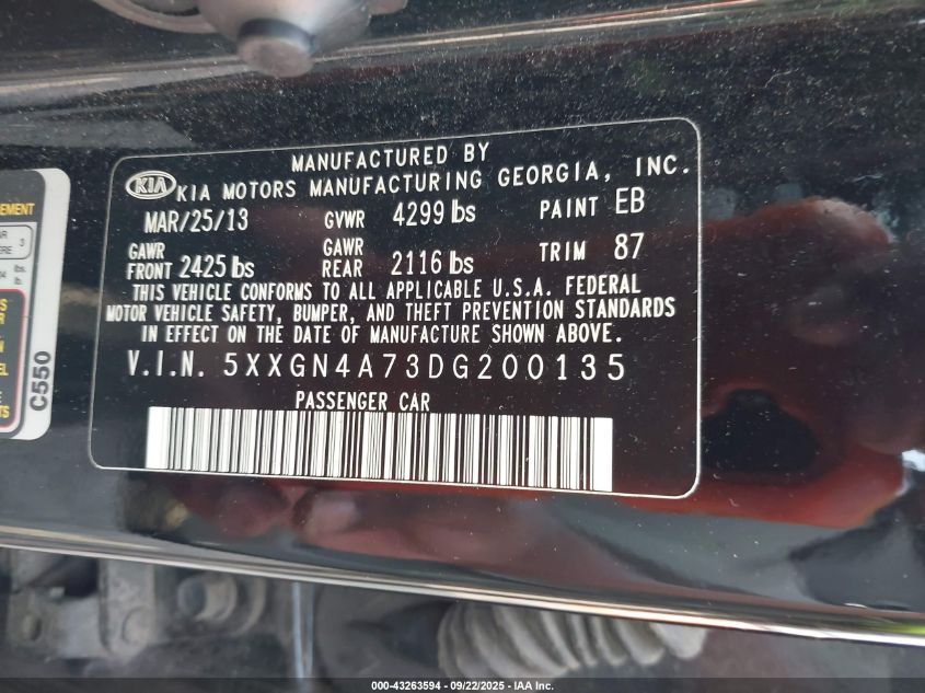 2013 Kia Optima Ex VIN: 5XXGN4A73DG200135 Lot: 43263594