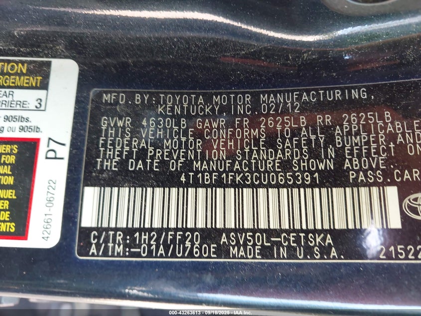 2012 Toyota Camry Se VIN: 4T1BF1FK3CU065391 Lot: 43263613