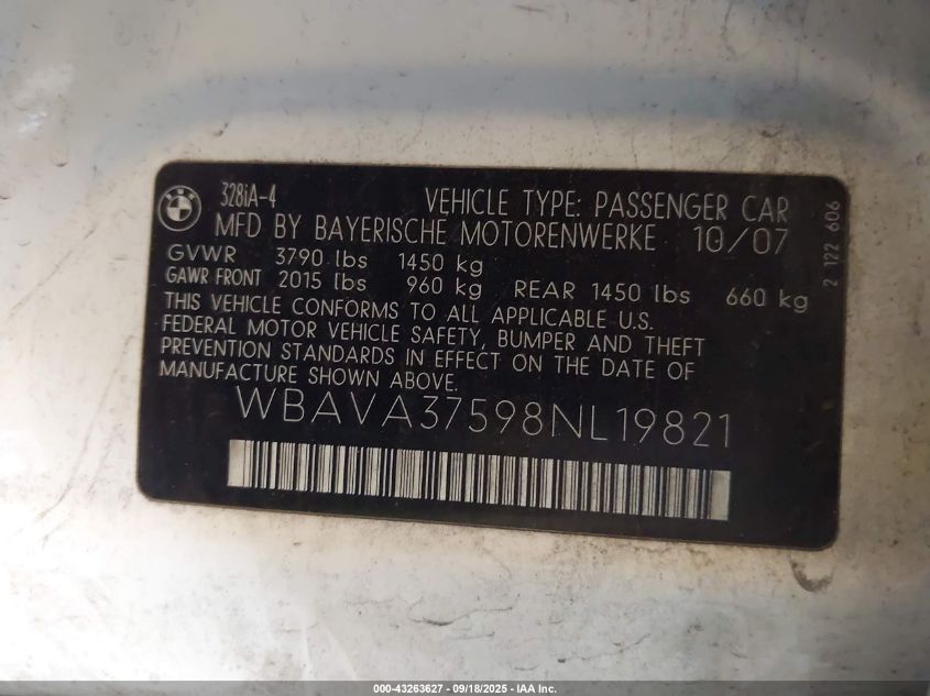 2008 BMW 328I VIN: WBAVA37598NL19821 Lot: 43263627