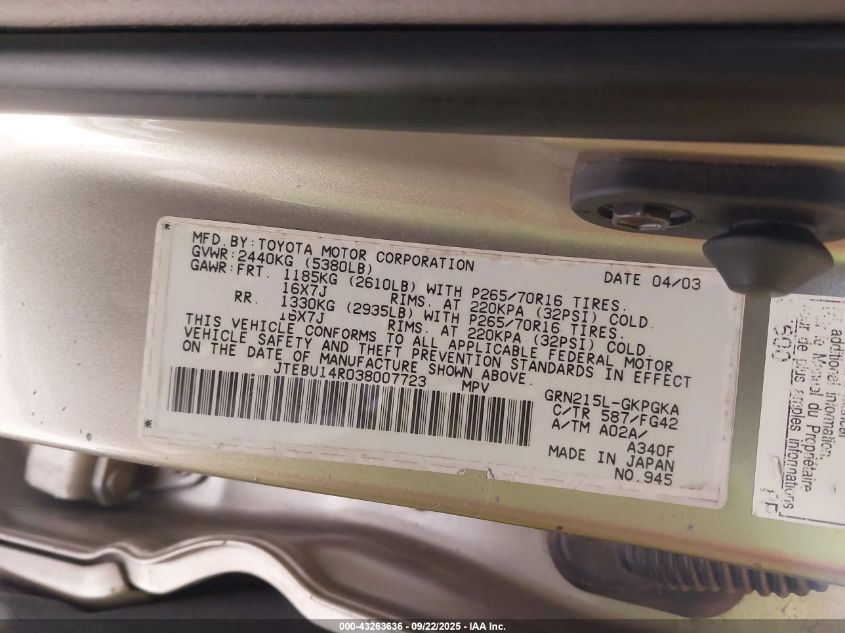 2003 Toyota 4Runner Sr5 V6 VIN: JTEBU14R038007723 Lot: 43263636