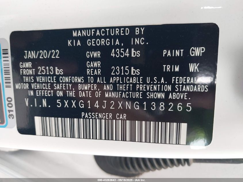 2022 Kia K5 Lxs VIN: 5XXG14J2XNG138265 Lot: 43263643