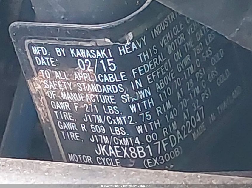 2015 Kawasaki Ex300 B VIN: JKAEX8B17FDA22047 Lot: 43263656