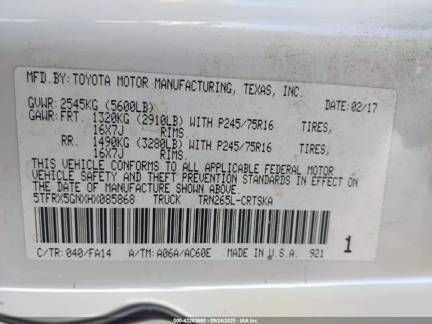 2017 Toyota Tacoma Sr VIN: 5TFRX5GNXHX085868 Lot: 43263660