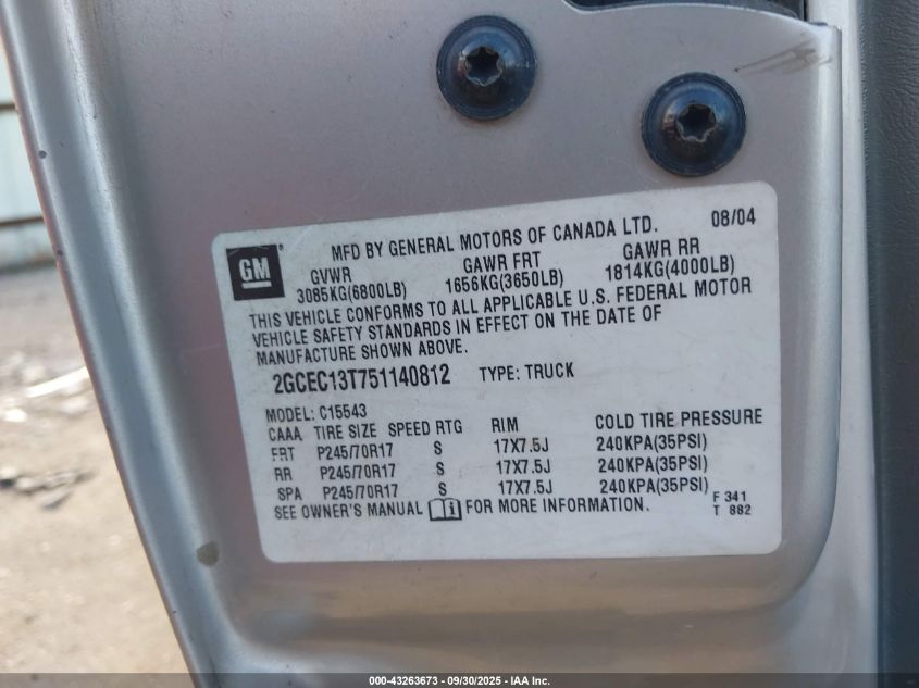 2005 Chevrolet Silverado Ls VIN: 2GCEC13T751140812 Lot: 43263673