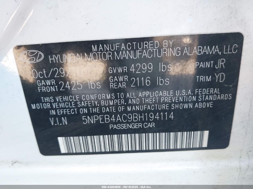 2011 Hyundai Sonata Gls VIN: 5NPEB4AC9BH194114 Lot: 43263689