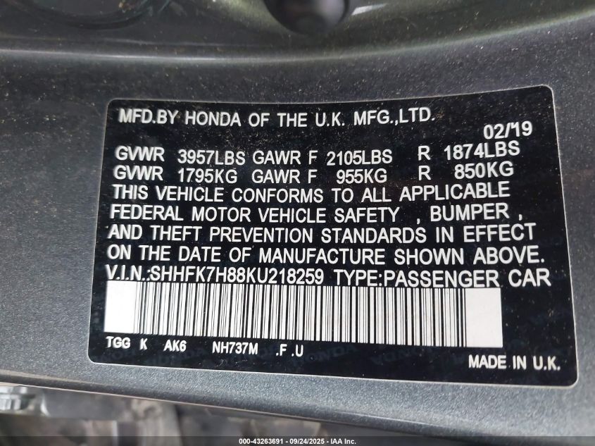 2019 Honda Civic Ex-L VIN: SHHFK7H88KU218259 Lot: 43263691