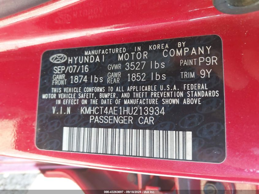 2017 Hyundai Accent Se VIN: KMHCT4AE1HU213934 Lot: 43263697
