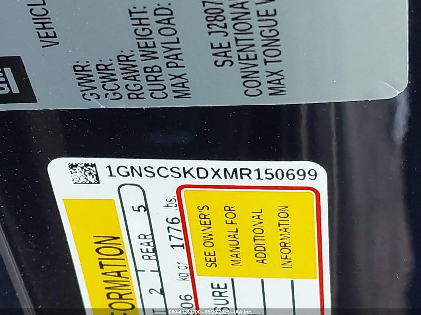 2021 Chevrolet Tahoe 2Wd Premier VIN: 1GNSCSKDXMR150699 Lot: 43263700