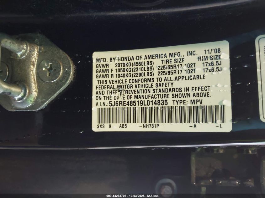 2009 Honda Cr-V Ex VIN: 5J6RE48519L014835 Lot: 43263706