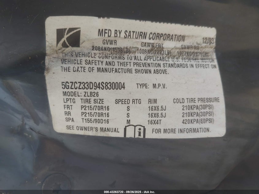 2004 Saturn Vue 4 Cyl VIN: 5GZCZ33D94S830004 Lot: 43263720