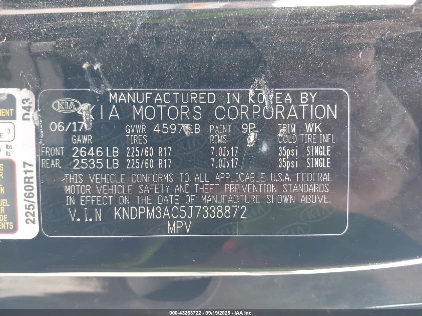 2018 Kia Sportage Lx VIN: KNDPM3AC5J7338872 Lot: 43263722