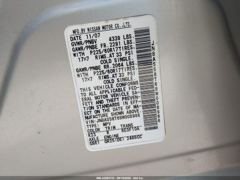 2008 Nissan Rogue Sl VIN: JN8AS58T68W008966 Lot: 43263723