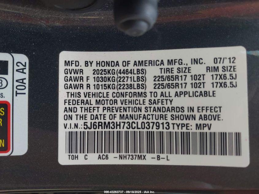 2012 Honda Cr-V Ex-L VIN: 5J6RM3H73CL037913 Lot: 43263737