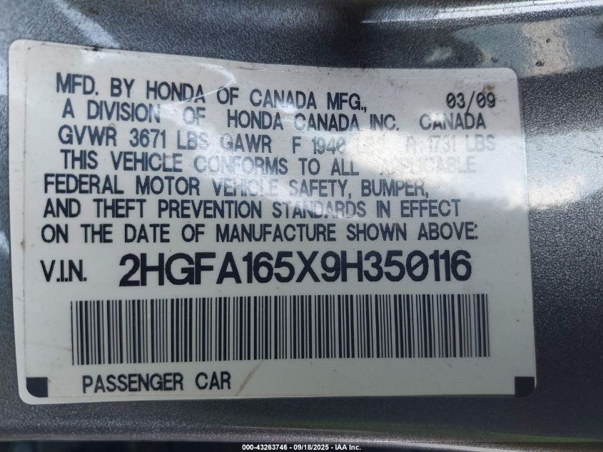 2009 Honda Civic Lx VIN: 2HGFA165X9H350116 Lot: 43263746