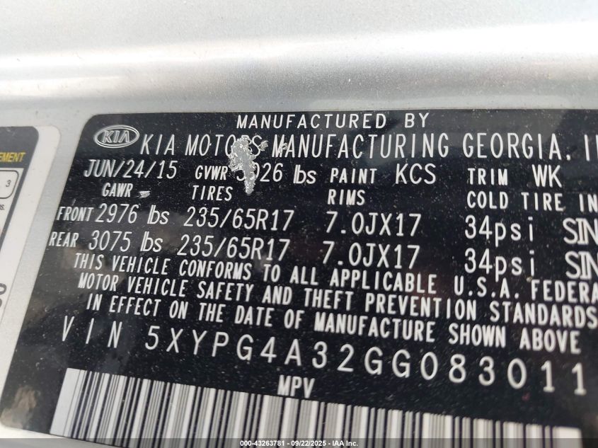 2016 Kia Sorento 2.4L Lx VIN: 5XYPG4A32GG083011 Lot: 43263781