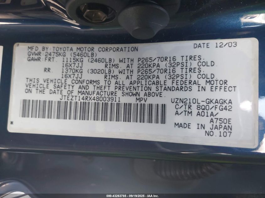 2004 Toyota 4Runner Sr5 V8 VIN: JTEZT14RX48003911 Lot: 43263785