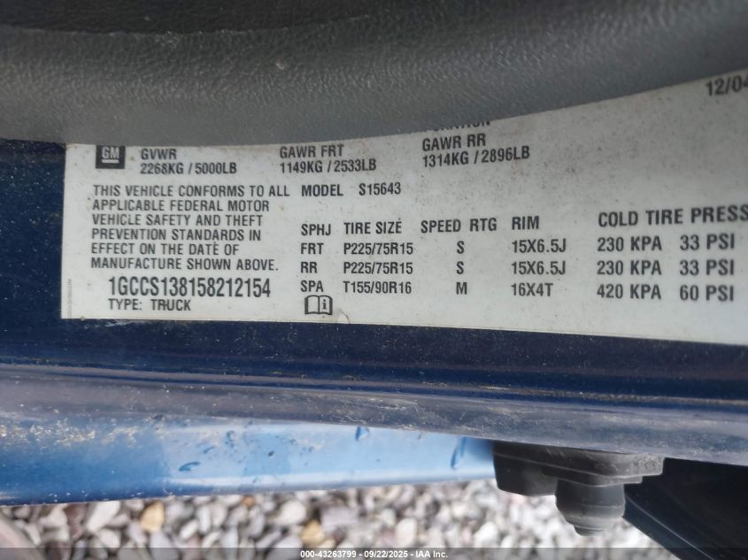 2005 Chevrolet Colorado Ls VIN: 1GCCS138158212154 Lot: 43263799