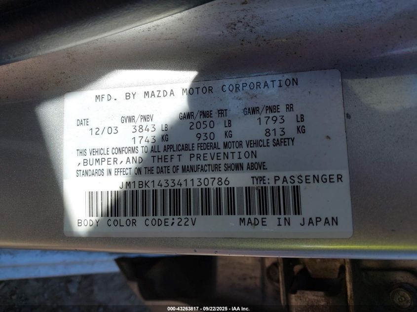 2004 Mazda Mazda3 S VIN: JM1BK143341130786 Lot: 43263817