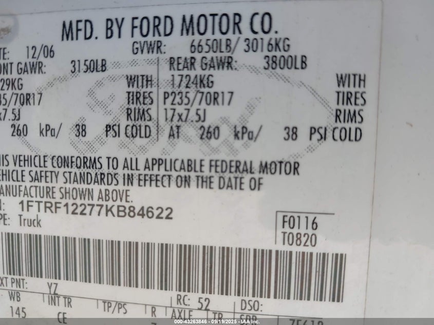 1FTRF12277KB84622 2007 FORD F-150 photo no. 9