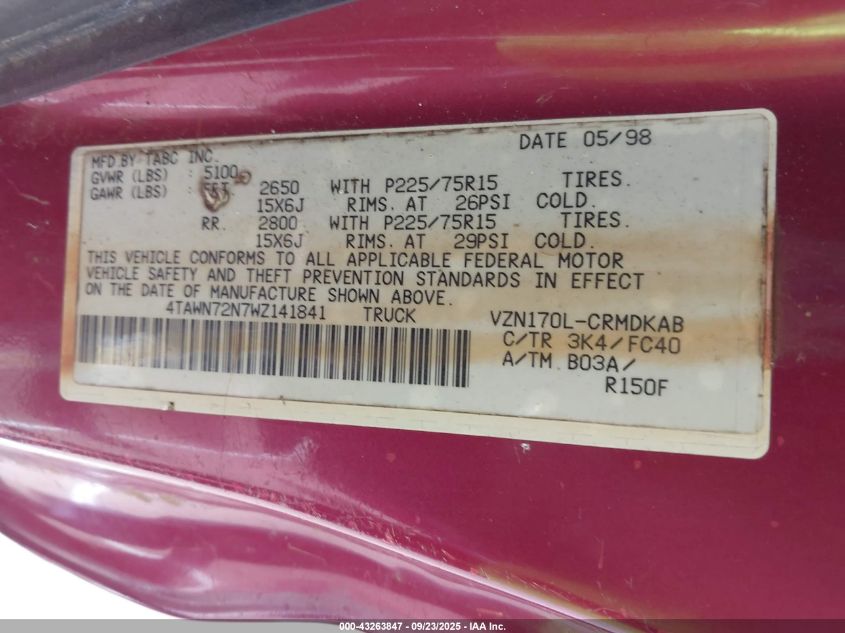 1998 Toyota Tacoma Base V6 VIN: 4TAWN72N7WZ141841 Lot: 43263847