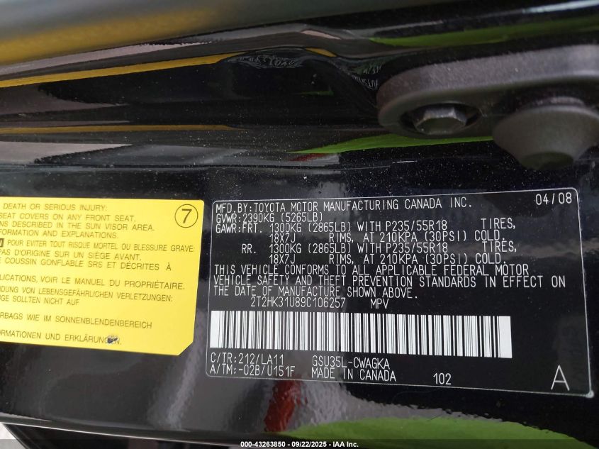 2009 Lexus Rx 350 VIN: 2T2HK31U89C106257 Lot: 43263850