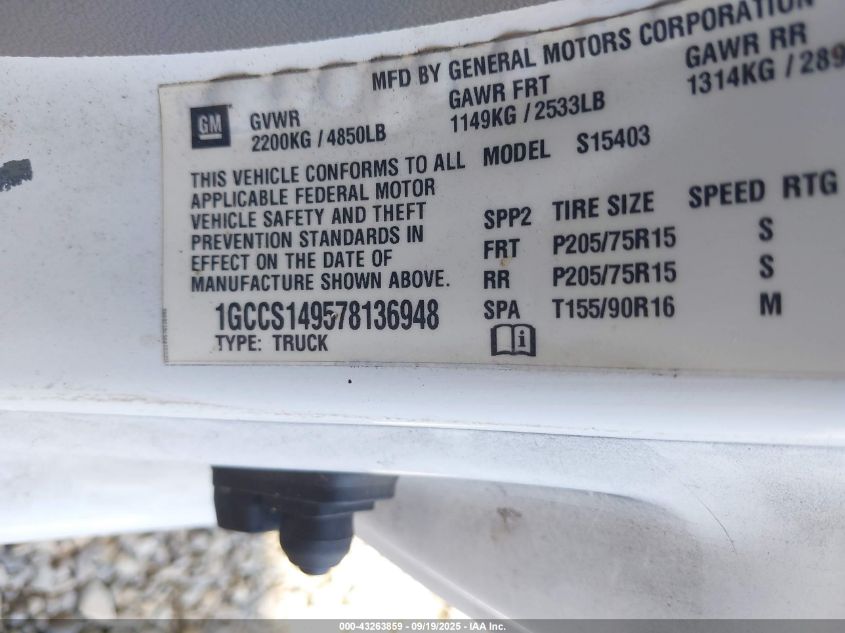 2007 Chevrolet Colorado Work Truck VIN: 1GCCS149578136948 Lot: 43263859