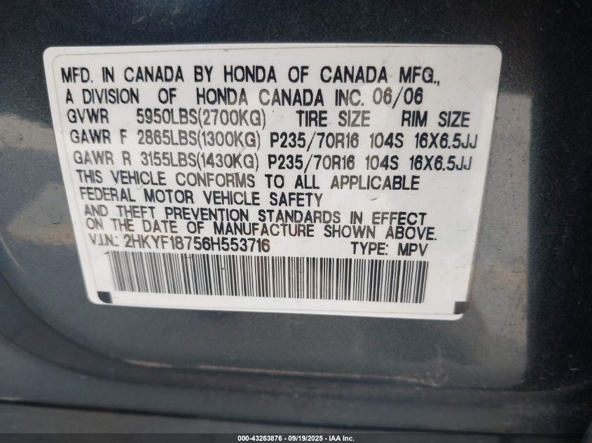 2006 Honda Pilot Ex-L VIN: 2HKYF18756H553716 Lot: 43263876
