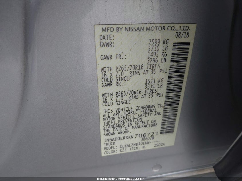 2019 NISSAN FRONTIER SV - 1N6AD0ERXKN706721