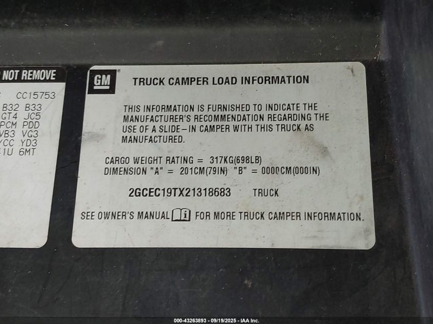 2002 Chevrolet Silverado 1500 Lt VIN: 2GCEC19TX21318683 Lot: 43263893