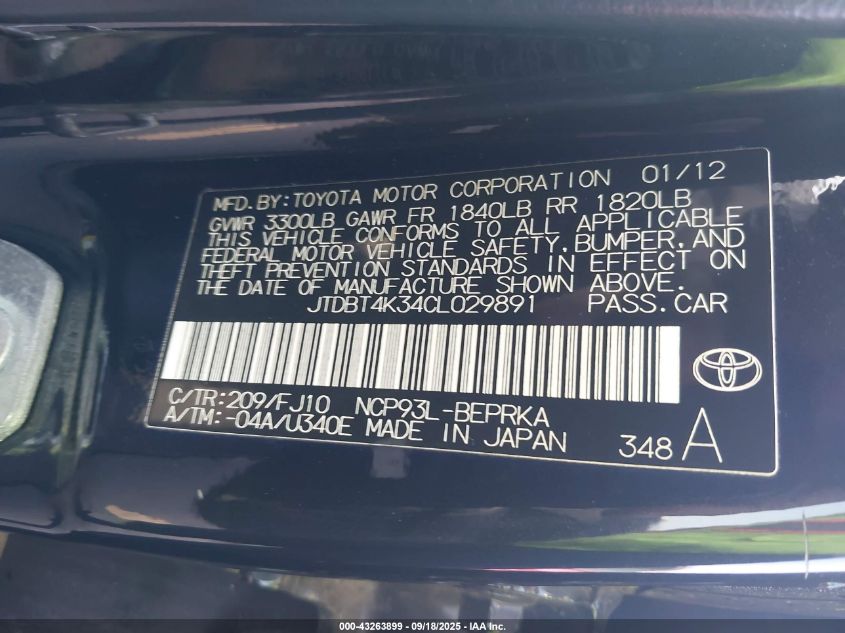 2012 Toyota Yaris VIN: JTDBT4K34CL029891 Lot: 43263899