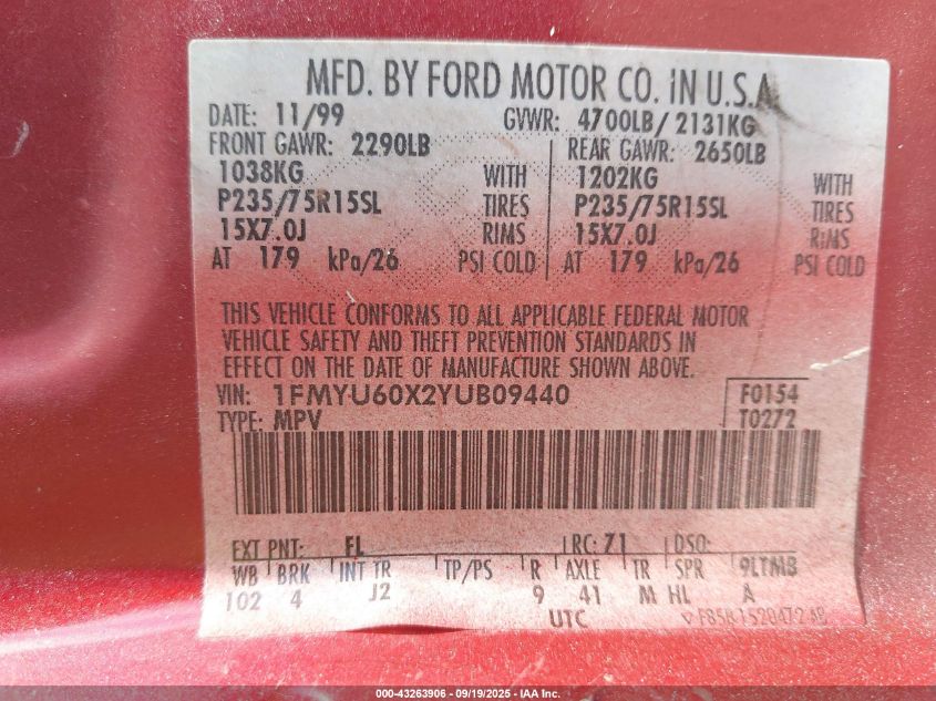 2000 Ford Explorer Sport VIN: 1FMYU60X2YUB09440 Lot: 43263906