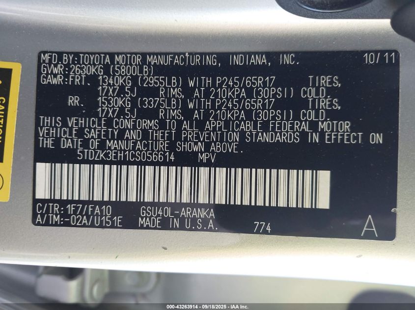 2012 Toyota Highlander Base V6 VIN: 5TDZK3EH1CS056614 Lot: 43263914