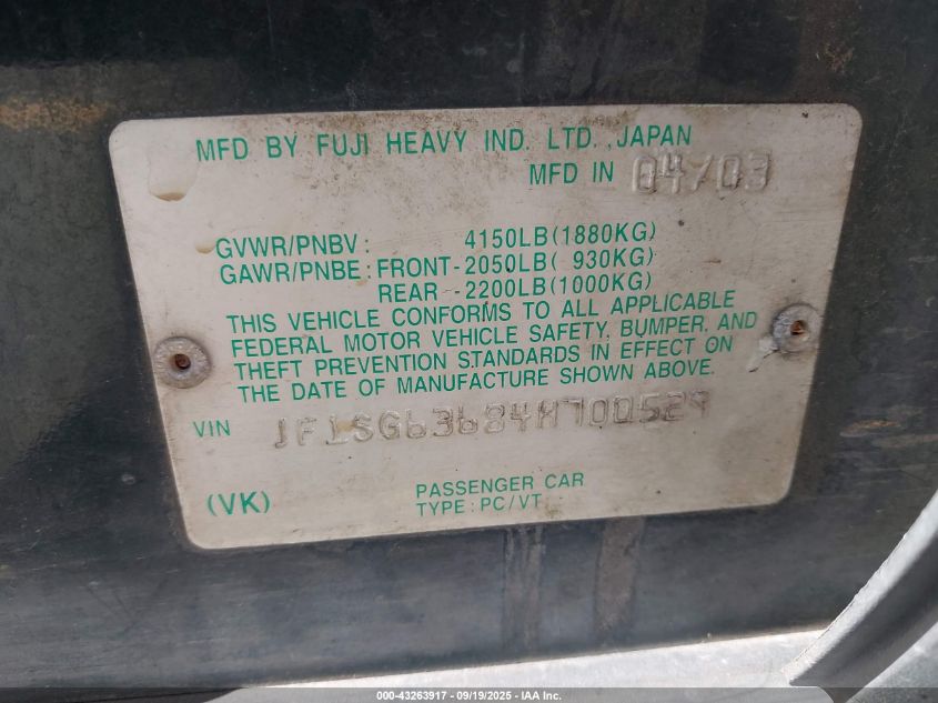 2004 Subaru Forester 2.5X VIN: JF1SG63684H700529 Lot: 43263917