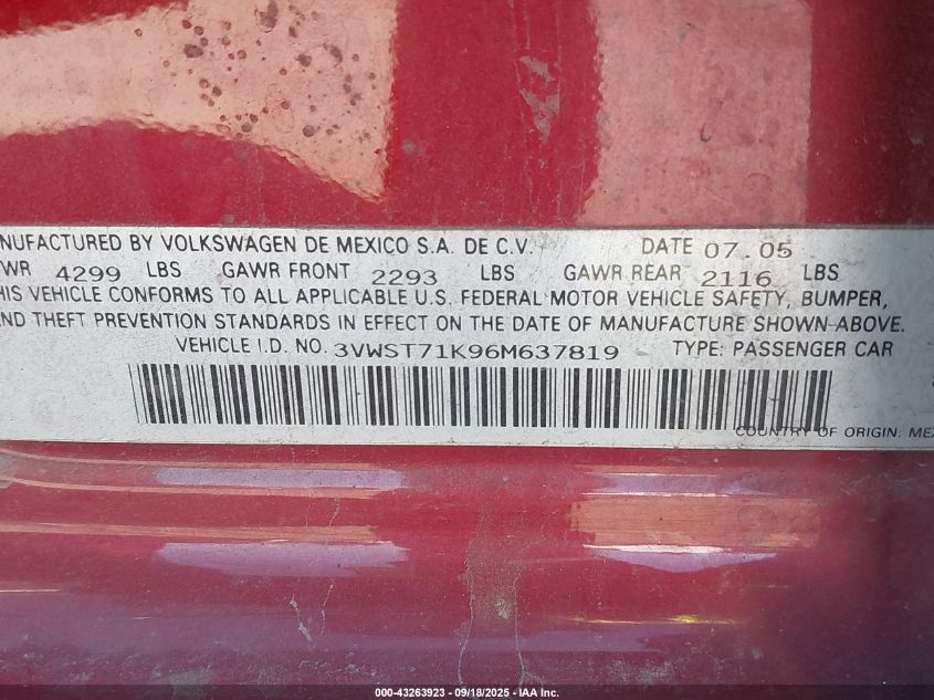 2006 Volkswagen Jetta Tdi VIN: 3VWST71K96M637819 Lot: 43263923