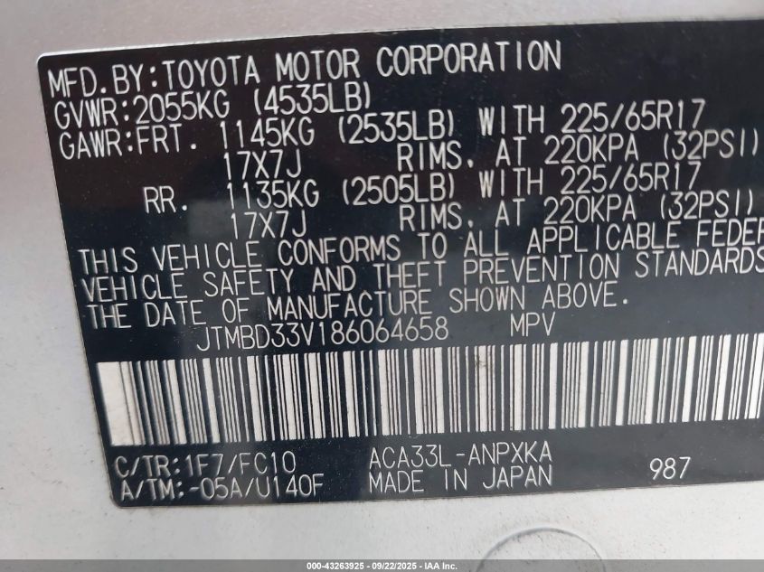 2008 Toyota Rav4 VIN: JTMBD33V186064658 Lot: 43263925