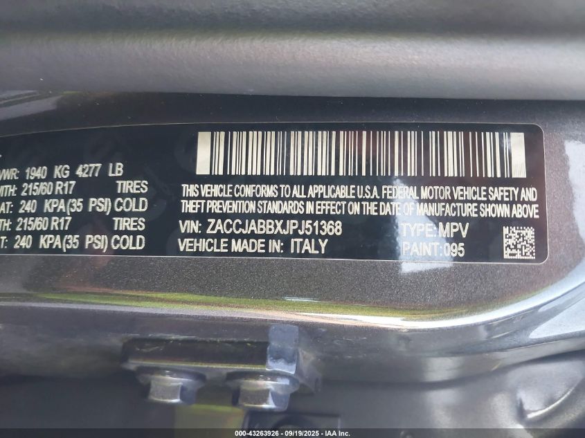 2018 Jeep Renegade Latitude Fwd VIN: ZACCJABBXJPJ51368 Lot: 43263926