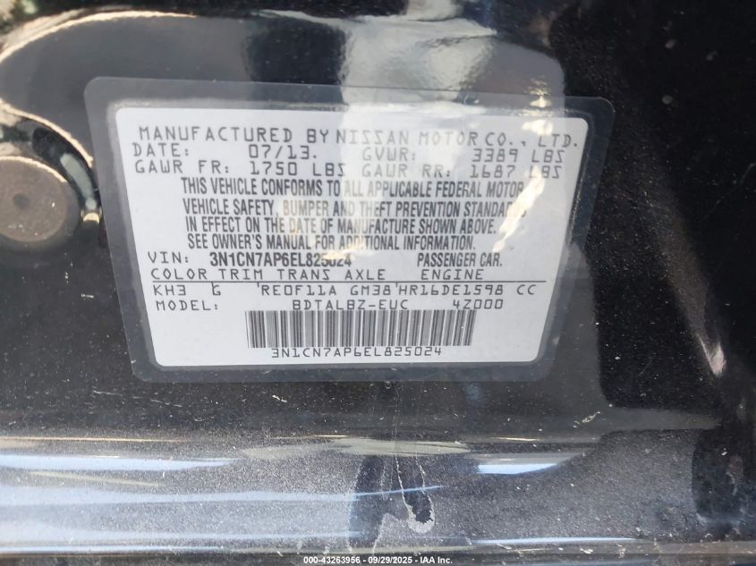 2014 Nissan Versa 1.6 Sv VIN: 3N1CN7AP6EL825024 Lot: 43263956