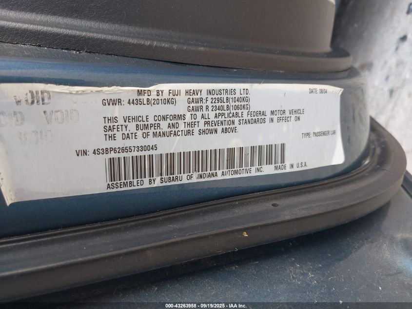 2005 Subaru Legacy 2.5I Limited VIN: 4S3BP626557330045 Lot: 43263958