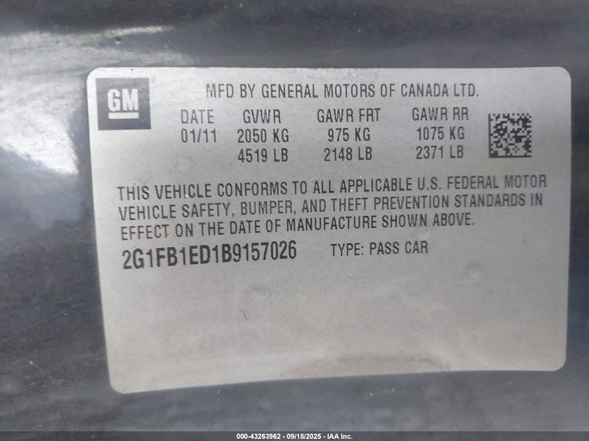 2011 Chevrolet Camaro 1Lt VIN: 2G1FB1ED1B9157026 Lot: 43263962