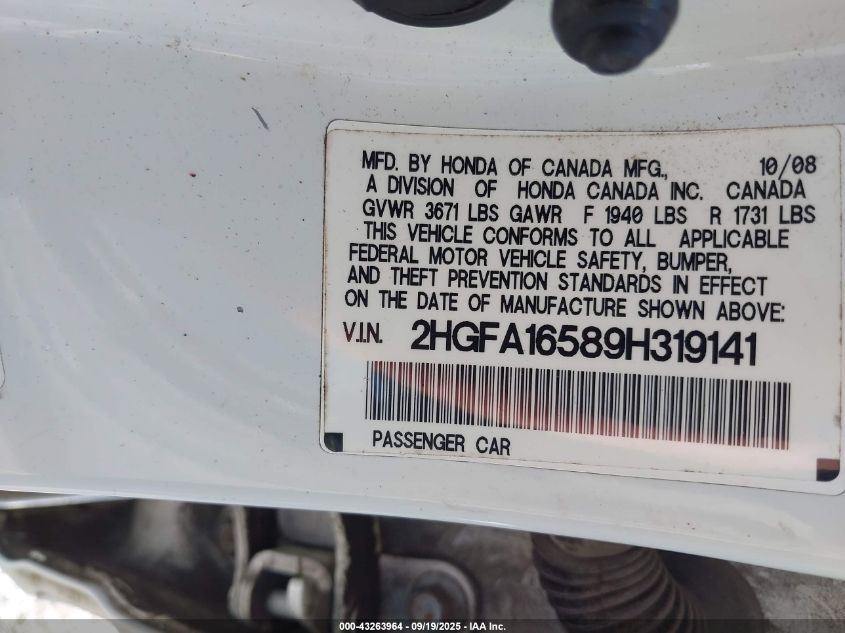 2009 Honda Civic Lx VIN: 2HGFA16589H319141 Lot: 43263964