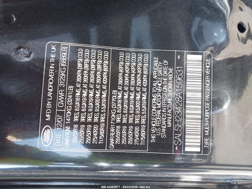 2008 Land Rover Range Rover Sport Supercharged VIN: SALSH23428A159631 Lot: 43263977