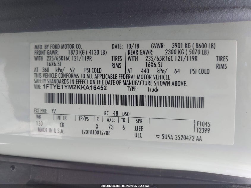 2019 FORD TRANSIT-150 - 1FTYE1YM2KKA16452