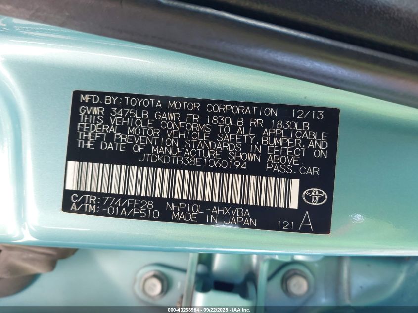 2014 Toyota Prius C Two VIN: JTDKDTB38E1060194 Lot: 43263984