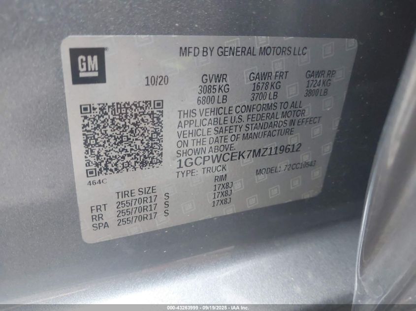 2021 Chevrolet Silverado 1500 2Wd Short Bed Lt VIN: 1GCPWCEK7MZ119612 Lot: 43263999