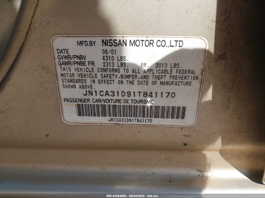 2001 Nissan Maxima Gle VIN: JN1CA31D91T841170 Lot: 43264000