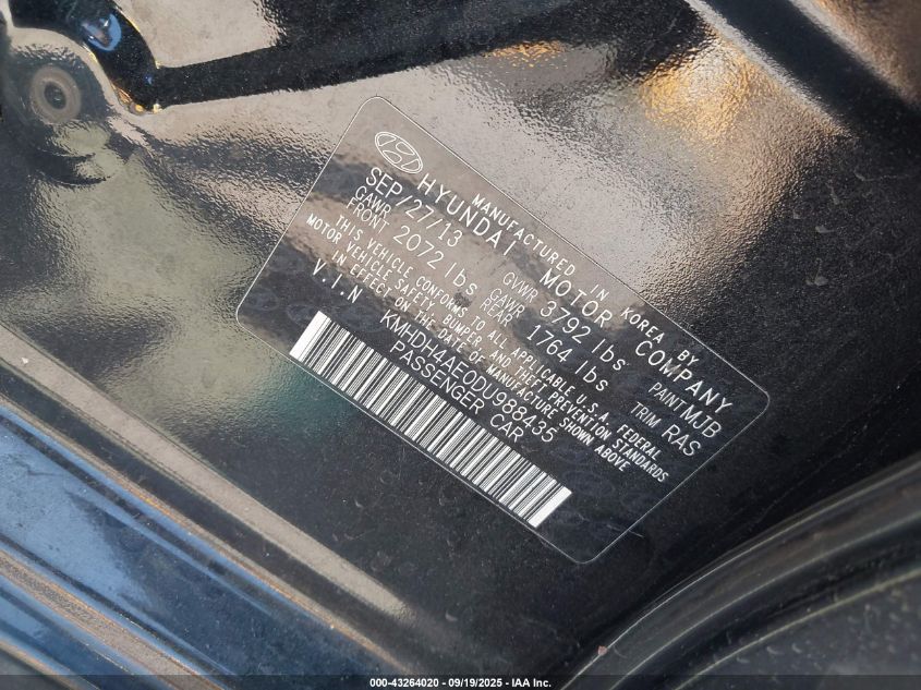 2013 Hyundai Elantra Gls VIN: KMHDH4AE0DU988435 Lot: 43264020