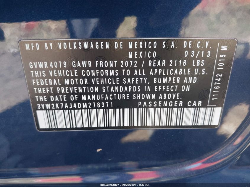 2013 Volkswagen Jetta S VIN: 3VW2K7AJ4DM278371 Lot: 43264027