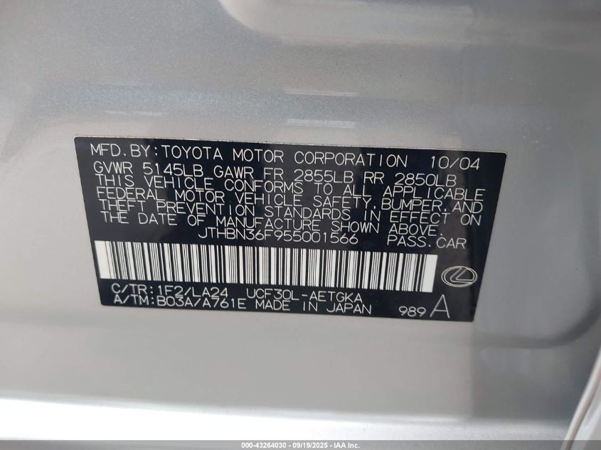 2005 Lexus Ls 430 VIN: JTHBN36F955001566 Lot: 43264030