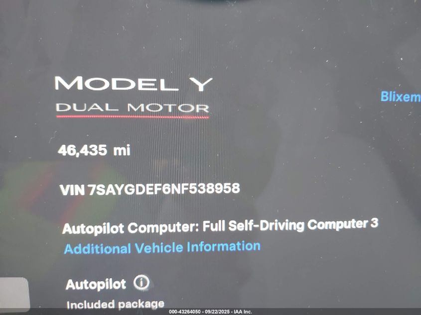 2022 Tesla Model Y Performance Dual Motor All-Wheel Drive VIN: 7SAYGDEF6NF538958 Lot: 43264050